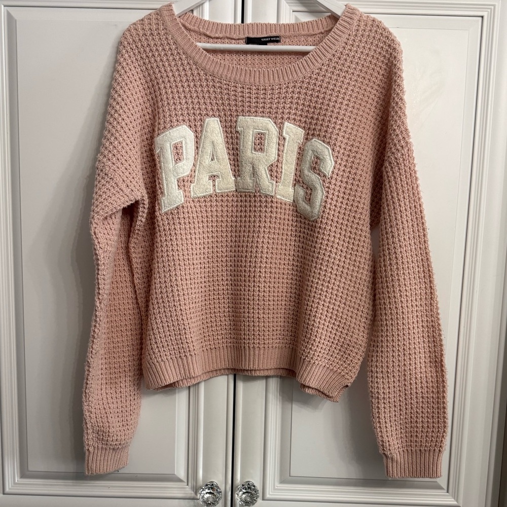 Tally Weijl Sz Medium Scoop Neck Oversized Pink Sweater PARIS on Front in Cream